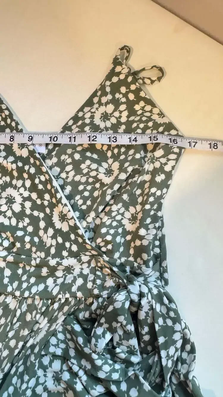 Sage Green Floral Wide Leg Jumpsuit Wrap Pockets Vacation Boho Medium